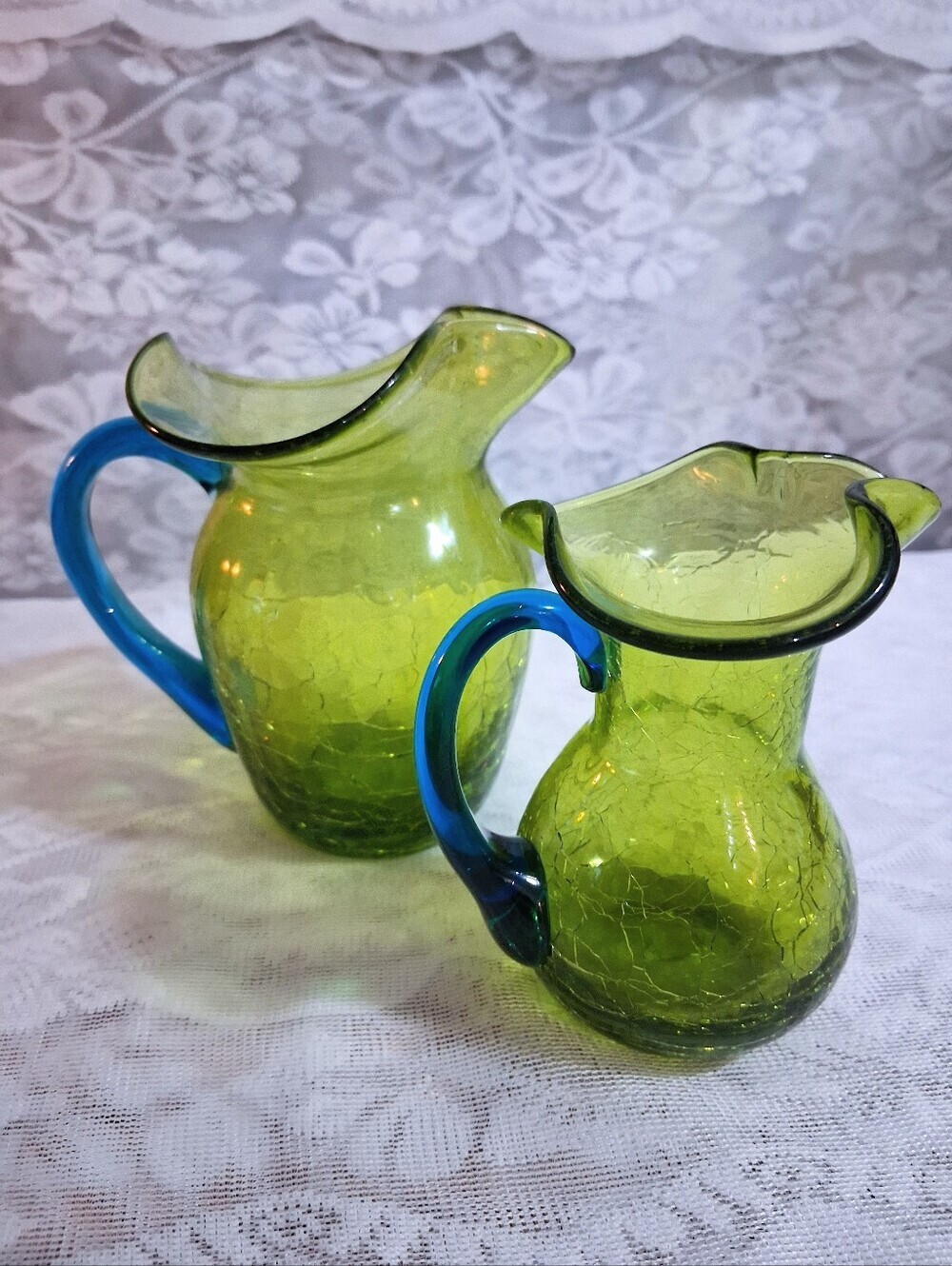 Blenko MCM Crackle Glass Pitcher Pair Art Glass